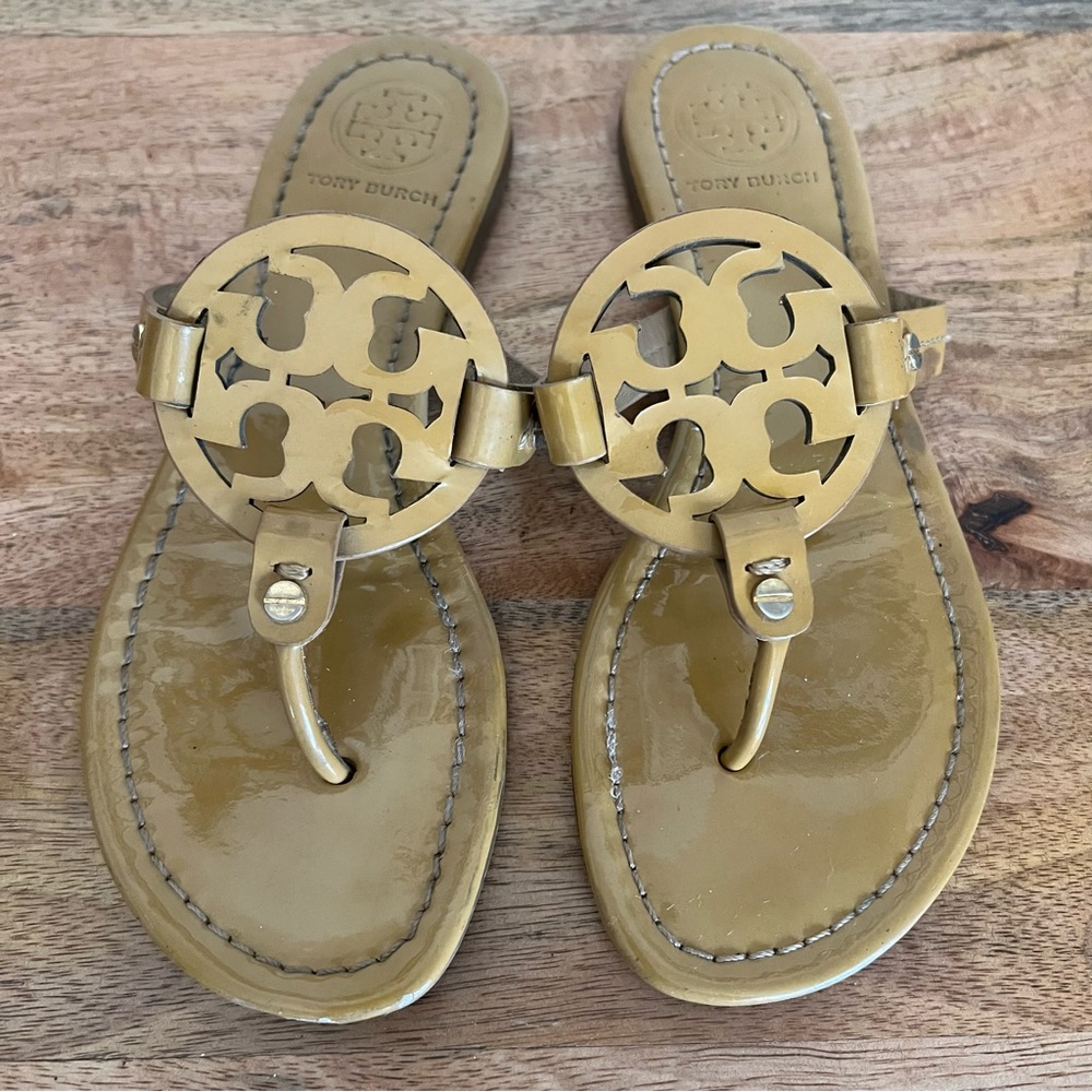 Tory Burch Miller Patent Leather Tan Sandals Size 6